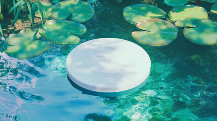 Aufkleber - elegant white circular podium floating on tranquil water surrounded by lush green lilypads