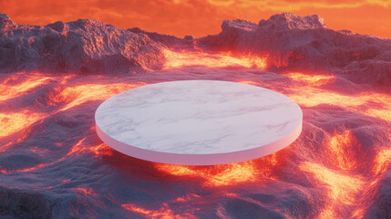 Poster - White circular podium on volcanic landscape with fiery lava flow in overhead shot
