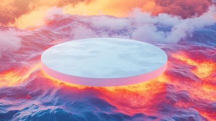 Poster - Futuristic circular podium on vibrant fiery ocean scene
