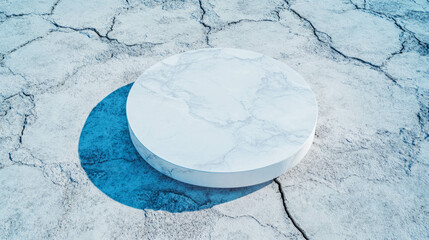 Poster - Minimalist design concept with white circular podium on cracked earth surface