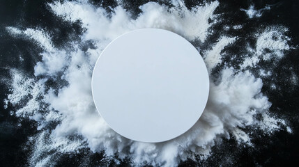 Poster - White circular podium surrounded by dynamic flour burst for creative backgrounds