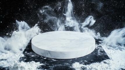 Poster - Monochrome abstract design with marble circular podium and flourishing white clouds