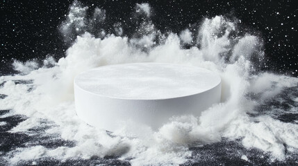 Poster - Minimalist white circular podium surrounded by flour dust for display and design