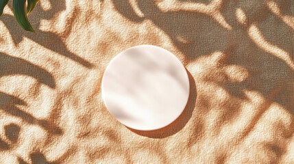 Aufkleber - Minimalist white circular podium on textured beige fabric background