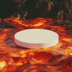 Poster - Minimalist white circular podium on vivid lava background for product display