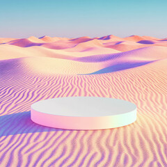 Poster - Minimalist white circular podium in vibrant desert sandscape for design and display concepts