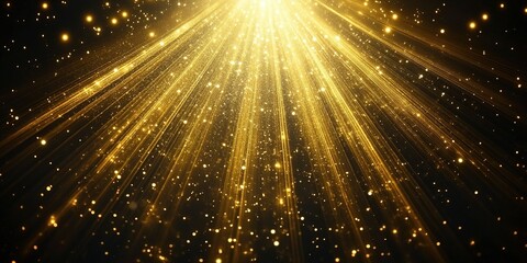 Poster - Radiant golden rays illuminating a dark background with sparkling particles in an ethereal display of light
