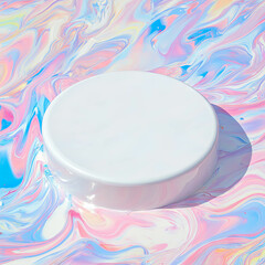 Poster - Minimalist white circular podium on colorful marble background for product display