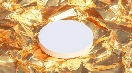 Poster - Minimalist white circular podium on metallic gold background for product display