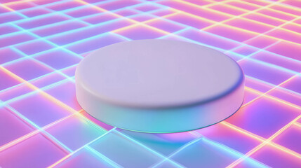 Poster - Futuristic neon grid with white circular podium for product display