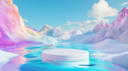 Poster - Vibrant fantasy landscape with white podium for creative design concepts