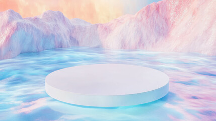 Poster - Abstract pastel landscape with white circular podium for display design