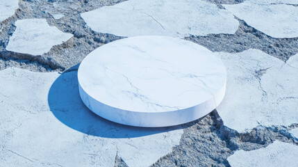 Poster - White circular podium on cracked surface for design and presentation concepts