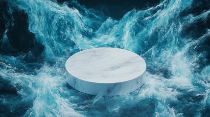 Aufkleber - Elevated view of white circular podium amidst dynamic turbulent blue waves