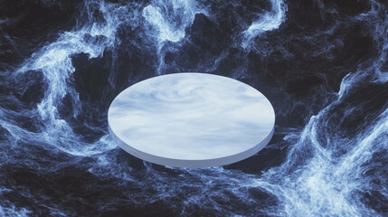 Poster - Futuristic white circular podium on abstract blue swirling background for design and display