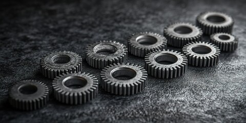 Poster - Various metallic gears arranged on a textured surface showcasing different sizes and shapes for industrial applications