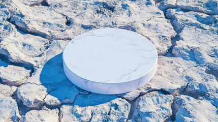 Poster - Modern minimalist white circular podium on cracked earth texture for design display and presentation