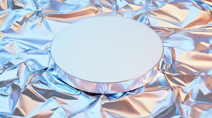 Poster - Minimalist white circular podium on metallic crumpled surface for product display and design