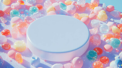 Aufkleber - Colorful candy-inspired white circular podium on pastel background for presentation display