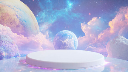 Poster - Ethereal cosmic backdrop with white circular podium for creative display design