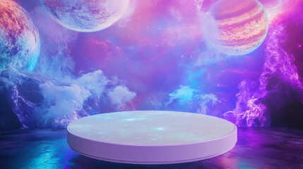 Poster - Futuristic cosmic scene with white podium and colorful planets