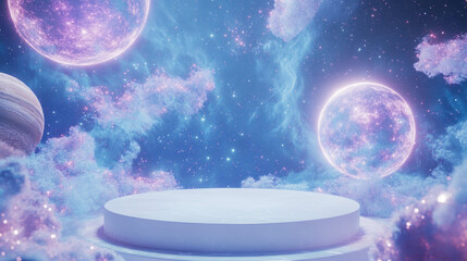 Wall Mural - Celestial themed presentation podium with glowing planets and cosmic clouds