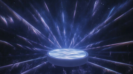 Poster - Futuristic circular podium with radiant light burst in a cosmic setting