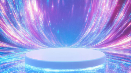 Poster - Futuristic display podium with vibrant lights for event promotion or product showcase