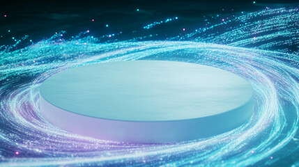 Poster - Futuristic white circular podium with neon light swirls for presentation design