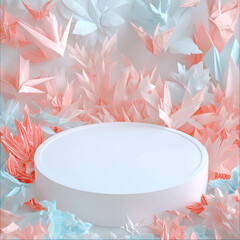 Poster - Elegant white circular podium with origami paper cranes in pastel colors for product display