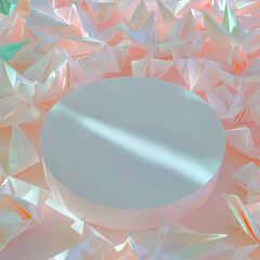 Poster - Minimalist white circular podium with origami surroundings in soft pastel tones