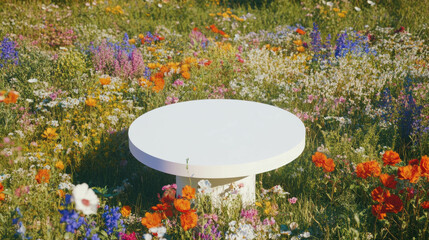 Poster - springtime circular podium in a vibrant wildflower meadow for display and presentation design