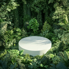 Poster - Minimalist white circular podium in a lush green jungle setting for nature-themed design