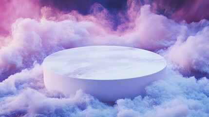 Wall Mural - Enchanting white circular podium amid ethereal pink and purple clouds
