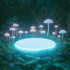 Poster - Mystical forest setting with illuminated circular podium and glowing mushrooms