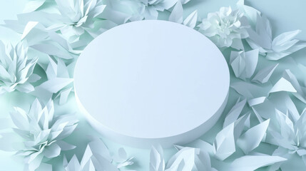 Poster - Minimalist white circular podium surrounded by abstract paper flowers for modern display design