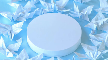 Poster - Minimalistic white circular podium with origami birds on blue background