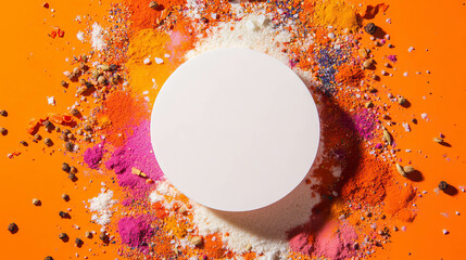 Poster - Vibrant color explosion with white circular podium on orange background for creative design