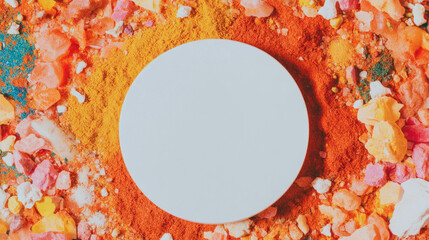 Poster - Vibrant overhead view of white circular podium with colorful powder and crystals