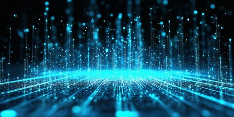 Poster - Digital abstract landscape showcasing streams of glowing blue light against a dark background