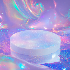 Poster - Iridescent pastel cosmic scene with white circular podium for product display