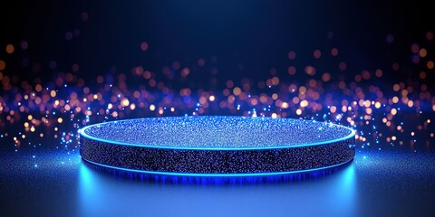 Poster - Sparkling circular platform illuminated by blue light with shimmering particles in a dark environment