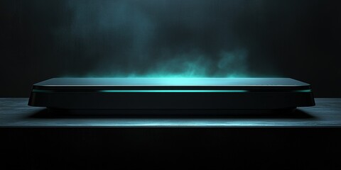Poster - Futuristic sleek device emitting mysterious glowing mist on a dark table surface