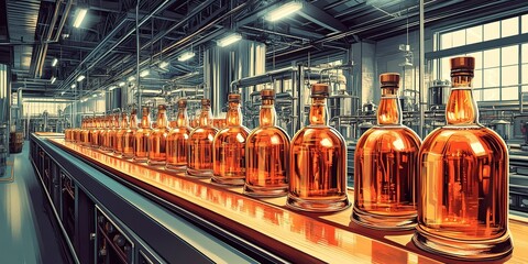 Poster - Bottles of amber liquid move along a conveyor belt in a distillery during a production process in a modern facility