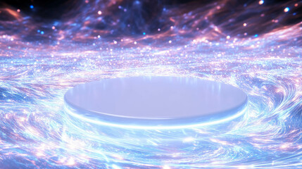 Poster - Futuristic white circular podium with cosmic surroundings for showcasing designs