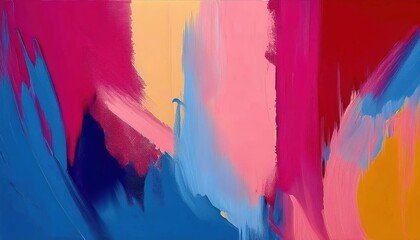 Poster - vibrant abstract painting with bold strokes of pink, blue, and yellow blending in fluid motion for modern interior decor

