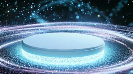 Poster - Futuristic circular podium with glowing particle swirls for design and display themes