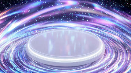 Poster - Futuristic white circular podium with cosmic neon light swirls