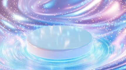 Poster - Ethereal white circular podium with cosmic swirling lights for display or presentation design