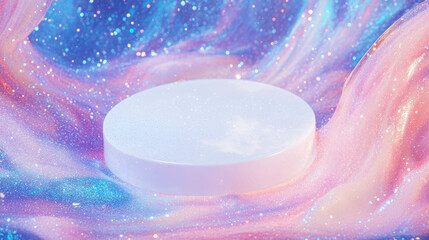 Poster - Abstract cosmic display with white podium and glittering background for creative design